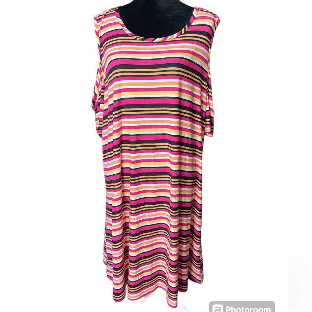 Just Be Cold Shoulder Pink, Yellow, White Striped MIDI Dress